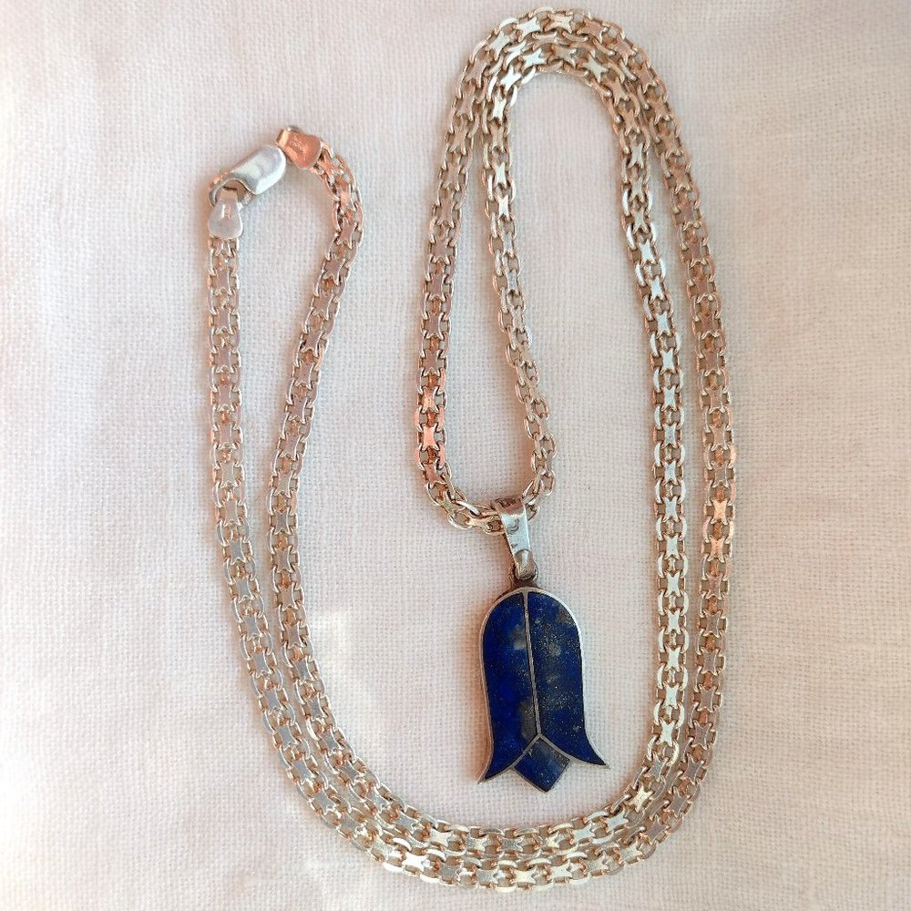 Sterling Silver Wide X-Link Necklace w Lapis & Sterling Tulip Pendant '80s 24"